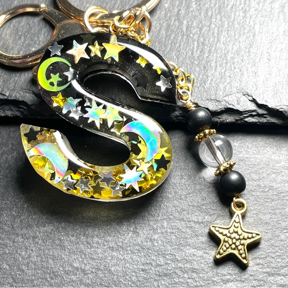 Custom Made Gold Starry Letter “S” Keychain with Clear Quartz and Onyx Charm - Picture 5 of 8